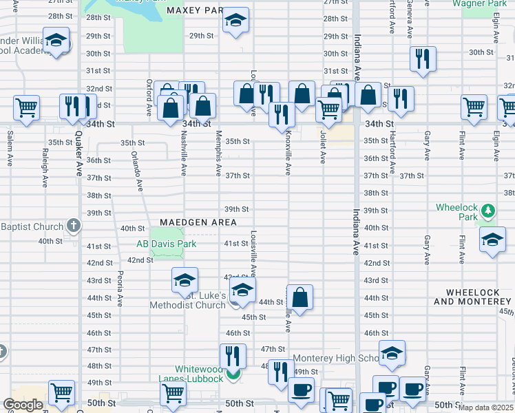 map of restaurants, bars, coffee shops, grocery stores, and more near 3611 38th Street in Lubbock