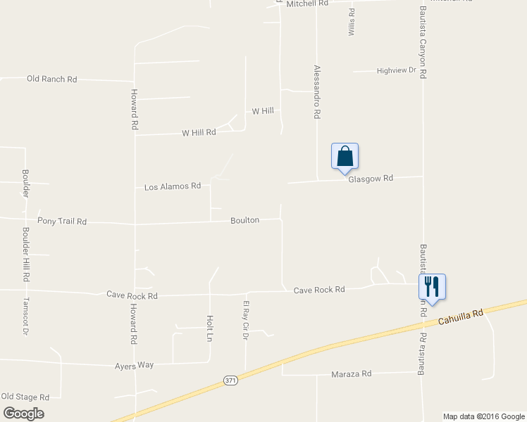 map of restaurants, bars, coffee shops, grocery stores, and more near 38701 Fisher Road in Anza