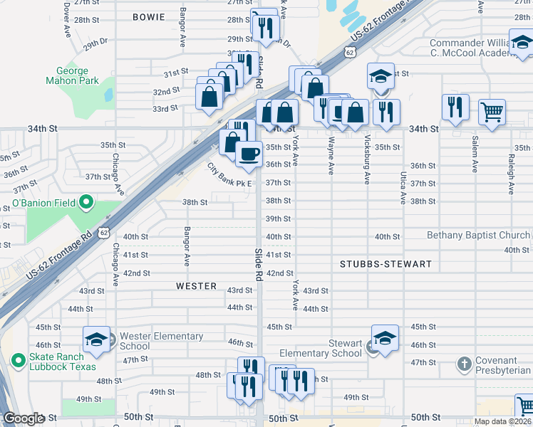 map of restaurants, bars, coffee shops, grocery stores, and more near 5121 38th Street in Lubbock