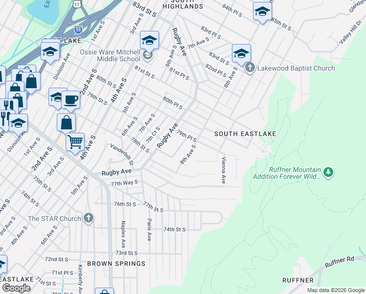 map of restaurants, bars, coffee shops, grocery stores, and more near 7848 Rugby Court in Birmingham