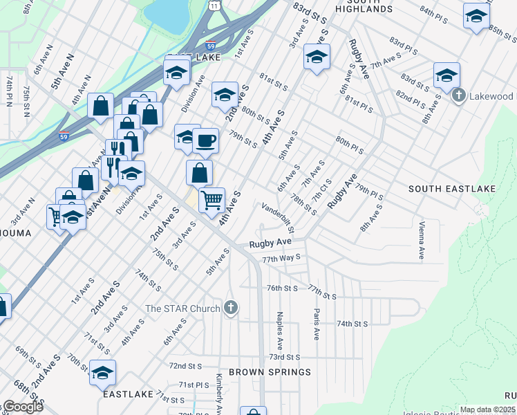 map of restaurants, bars, coffee shops, grocery stores, and more near 7749 5th Avenue South in Birmingham
