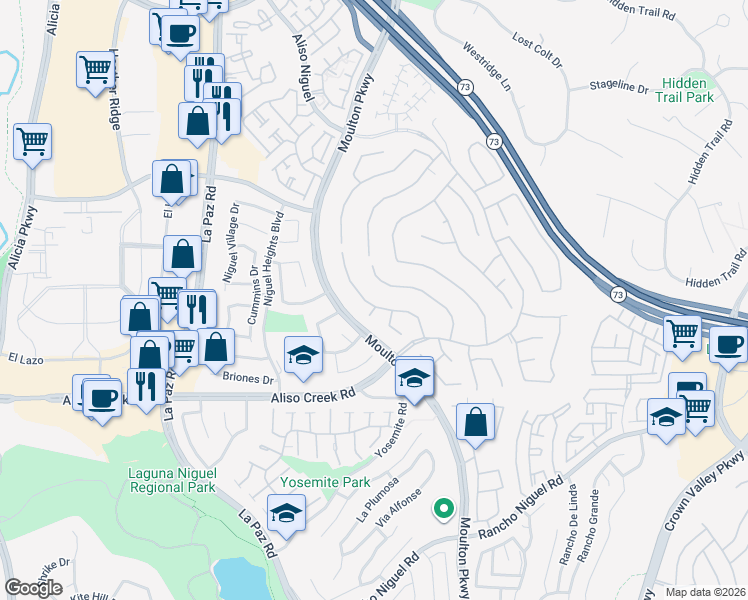 map of restaurants, bars, coffee shops, grocery stores, and more near 27794 Country Lane Road in Laguna Niguel