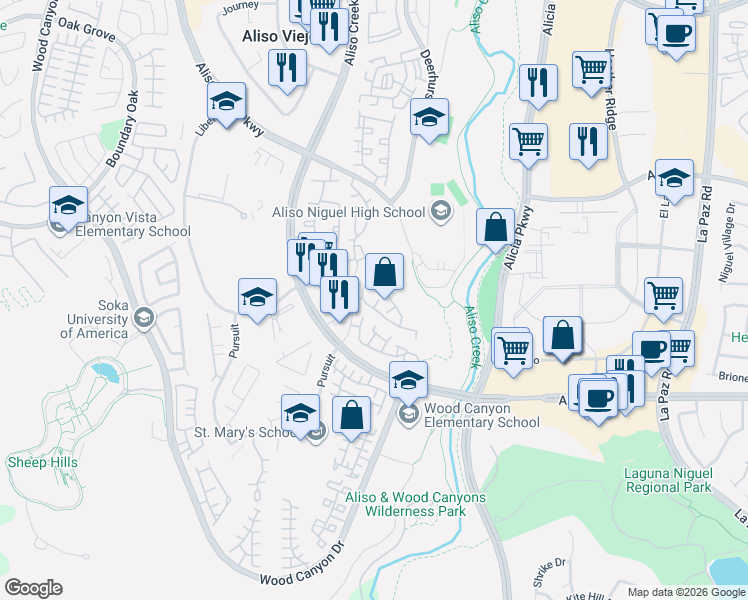 map of restaurants, bars, coffee shops, grocery stores, and more near 16 Matisse Circle in Aliso Viejo