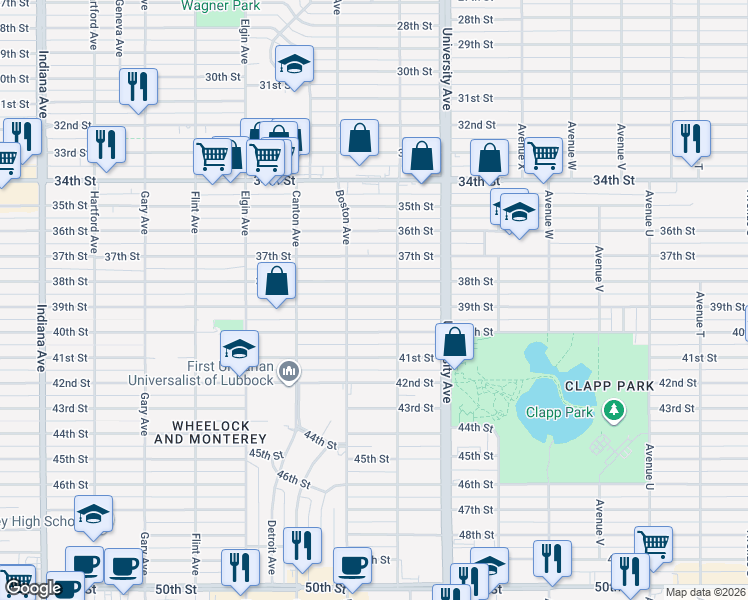 map of restaurants, bars, coffee shops, grocery stores, and more near 2612 39th Street in Lubbock