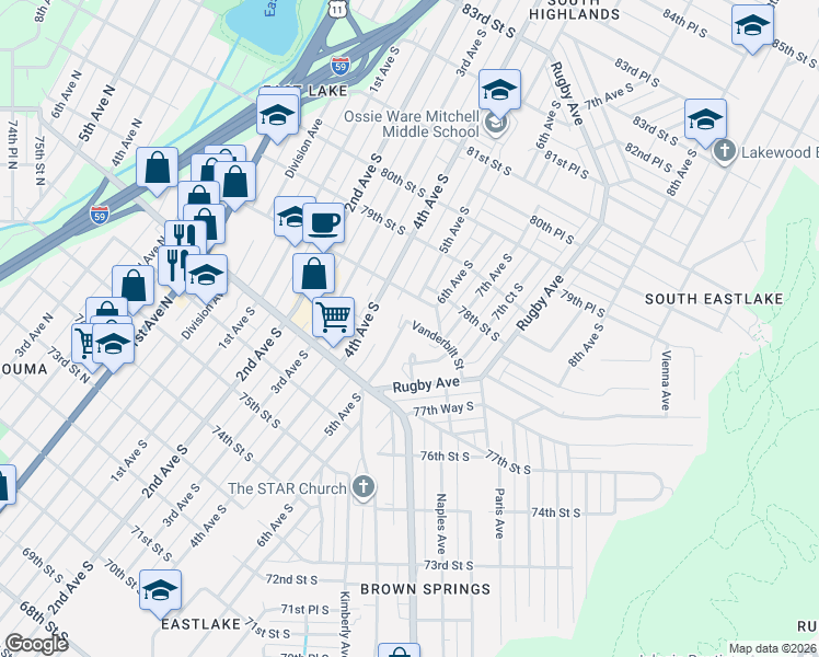 map of restaurants, bars, coffee shops, grocery stores, and more near 501 Vanderbilt Street in Birmingham