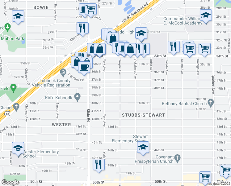 map of restaurants, bars, coffee shops, grocery stores, and more near 5008 39th Street in Lubbock
