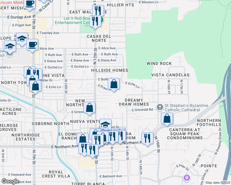 map of restaurants, bars, coffee shops, grocery stores, and more near 1246 East Echo Lane in Phoenix
