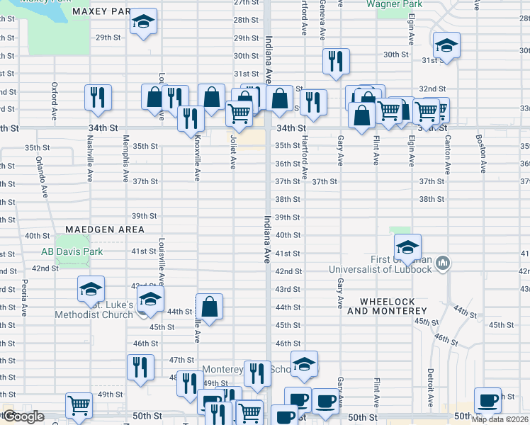 map of restaurants, bars, coffee shops, grocery stores, and more near 3402 39th Street in Lubbock