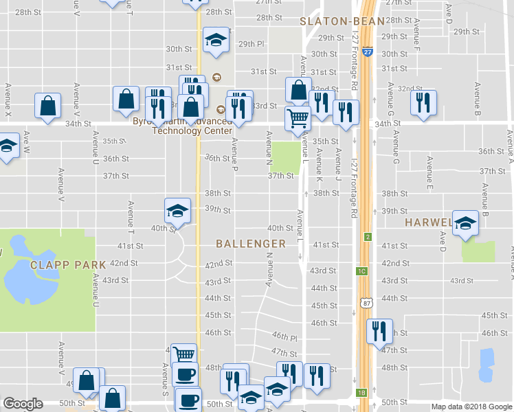 map of restaurants, bars, coffee shops, grocery stores, and more near 1508 39th Street in Lubbock