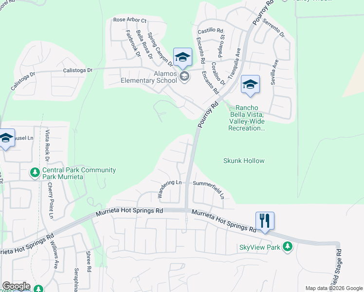 map of restaurants, bars, coffee shops, grocery stores, and more near 31487 River Rock Court in Murrieta
