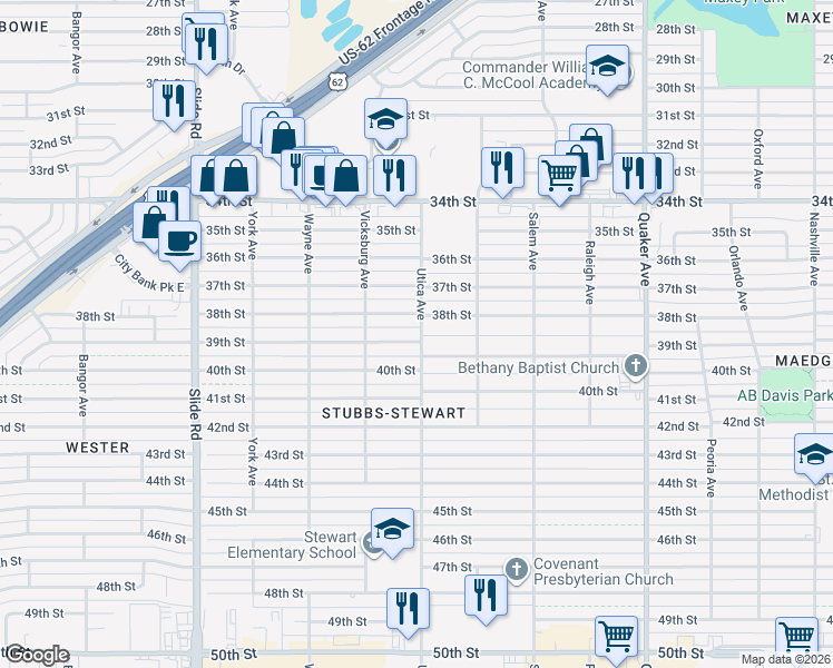 map of restaurants, bars, coffee shops, grocery stores, and more near 4809 38th Street in Lubbock