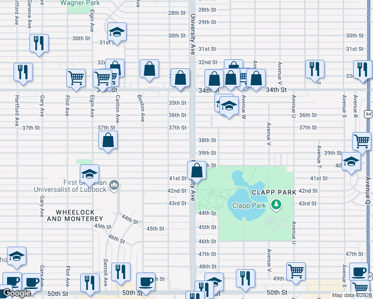 map of restaurants, bars, coffee shops, grocery stores, and more near 2505 38th Street in Lubbock
