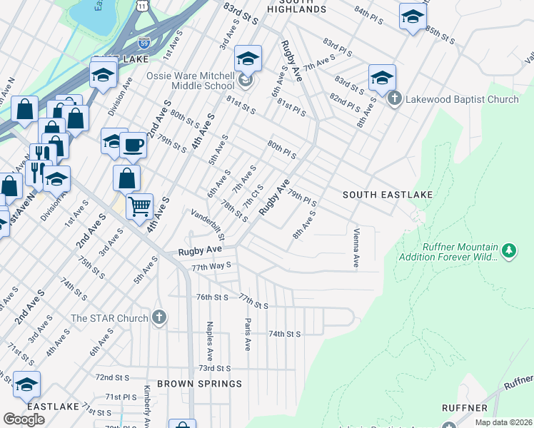 map of restaurants, bars, coffee shops, grocery stores, and more near 7824 Rugby Avenue in Birmingham