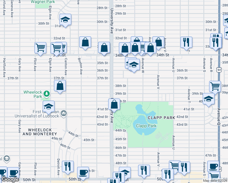 map of restaurants, bars, coffee shops, grocery stores, and more near 2420 39th Street in Lubbock