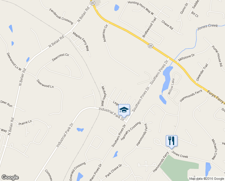 map of restaurants, bars, coffee shops, grocery stores, and more near 555 Southern Hills Drive in Evans