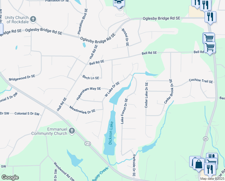 map of restaurants, bars, coffee shops, grocery stores, and more near 4811 West Lake Drive Southeast in Conyers