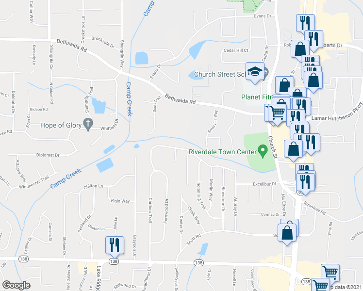 map of restaurants, bars, coffee shops, grocery stores, and more near 1071 Salisbury Trail in Riverdale