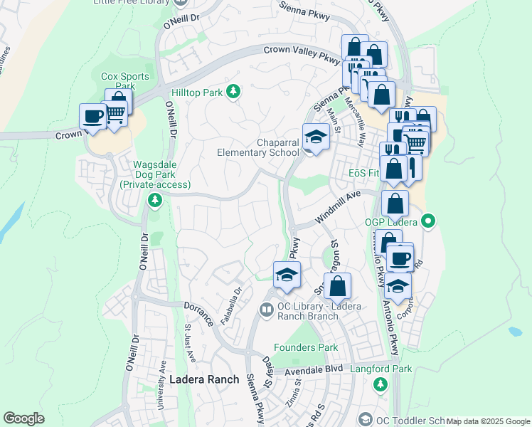 map of restaurants, bars, coffee shops, grocery stores, and more near 27 Falkner Drive in Mission Viejo