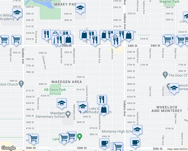 map of restaurants, bars, coffee shops, grocery stores, and more near 3608 39th Street in Lubbock