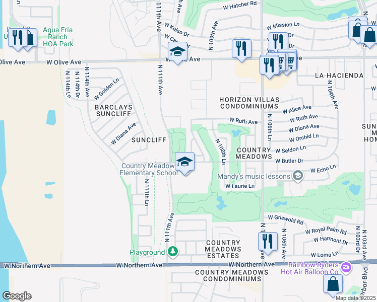 map of restaurants, bars, coffee shops, grocery stores, and more near 8562 North 110th Drive in Peoria
