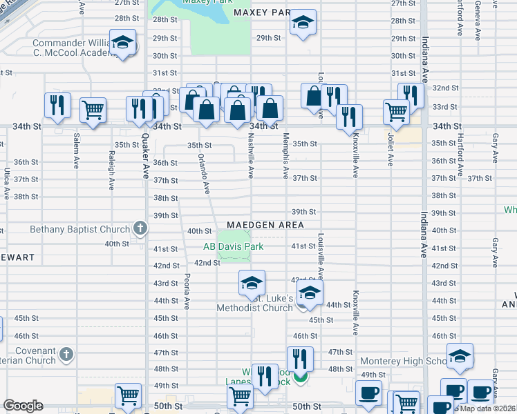 map of restaurants, bars, coffee shops, grocery stores, and more near 3811 38th Street in Lubbock