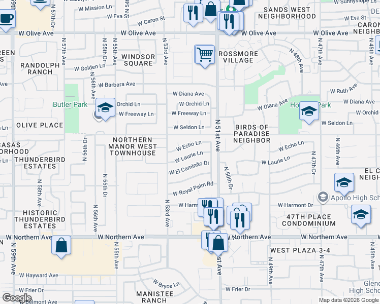 map of restaurants, bars, coffee shops, grocery stores, and more near 5201 West Echo Lane in Glendale