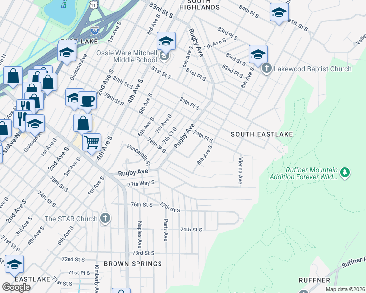 map of restaurants, bars, coffee shops, grocery stores, and more near 7824 Rugby Avenue in Birmingham
