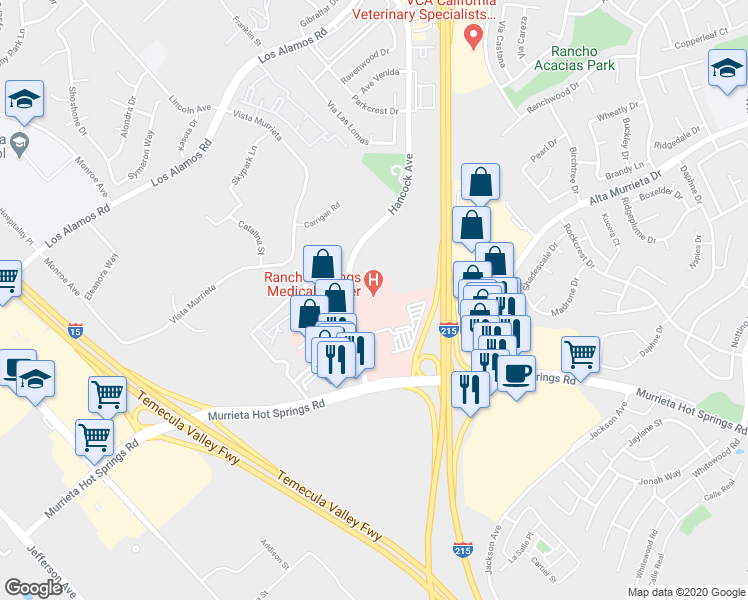 map of restaurants, bars, coffee shops, grocery stores, and more near 25500 Medical Center Drive in Murrieta