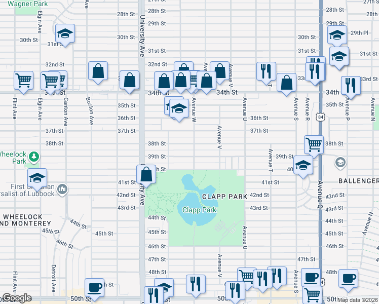 map of restaurants, bars, coffee shops, grocery stores, and more near 2303 38th Street in Lubbock