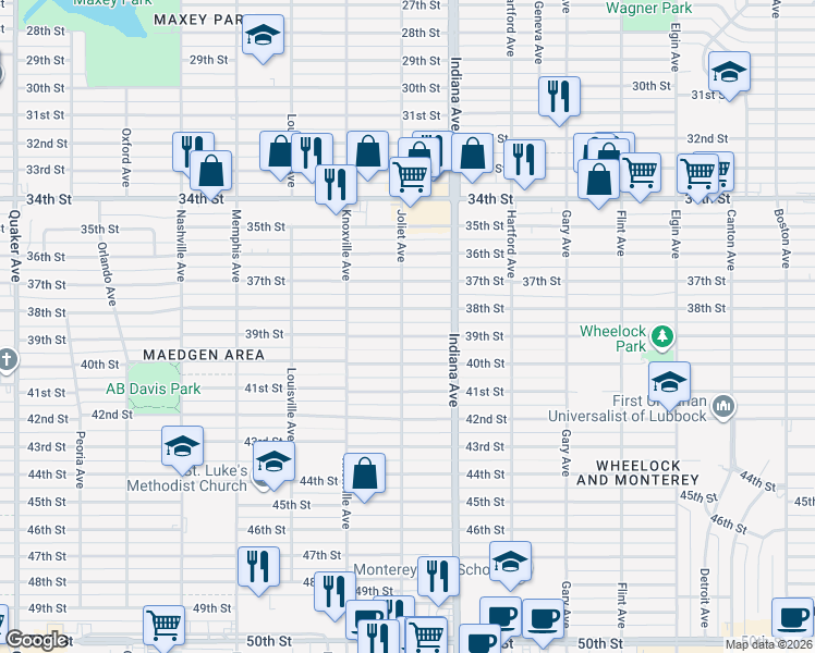 map of restaurants, bars, coffee shops, grocery stores, and more near 3409 38th Street in Lubbock