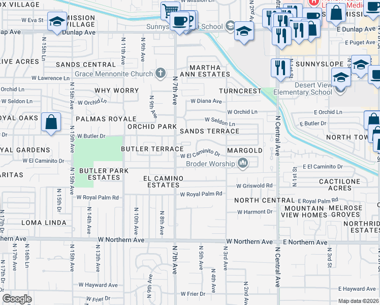 map of restaurants, bars, coffee shops, grocery stores, and more near 615 West Echo Lane in Phoenix