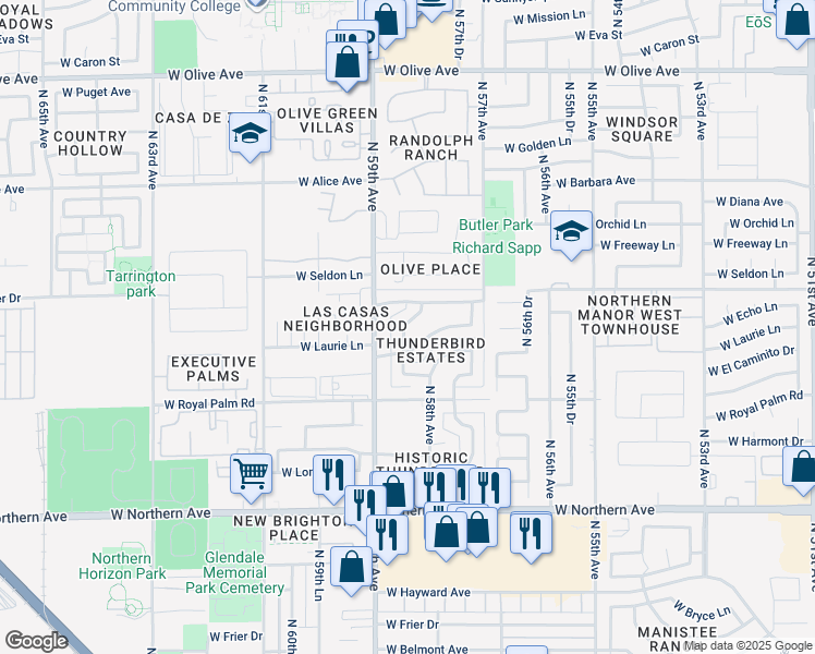 map of restaurants, bars, coffee shops, grocery stores, and more near 8426 North 58th Drive in Glendale