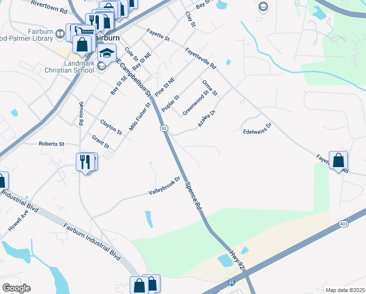 map of restaurants, bars, coffee shops, grocery stores, and more near Willow Creek Road in Fairburn