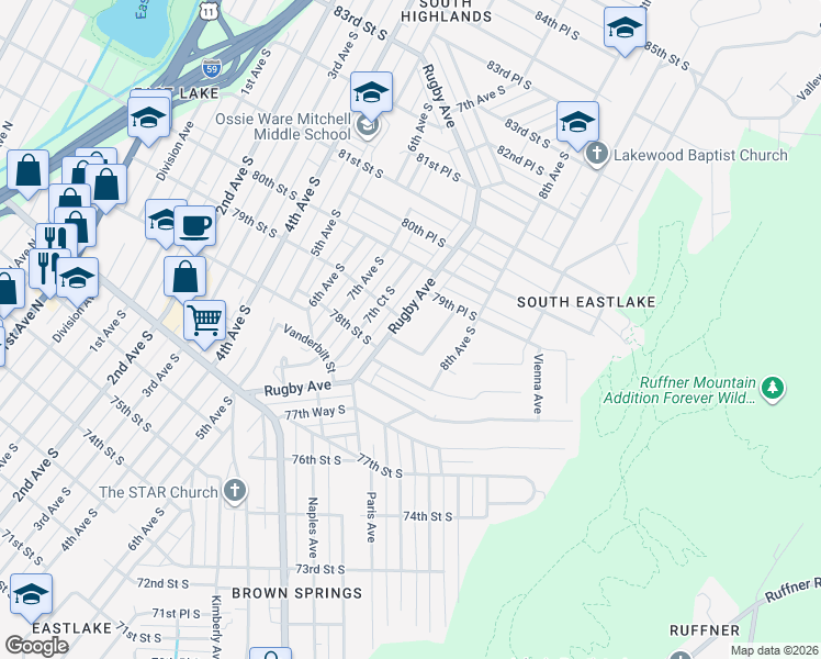 map of restaurants, bars, coffee shops, grocery stores, and more near 7824 Rugby Avenue in Birmingham