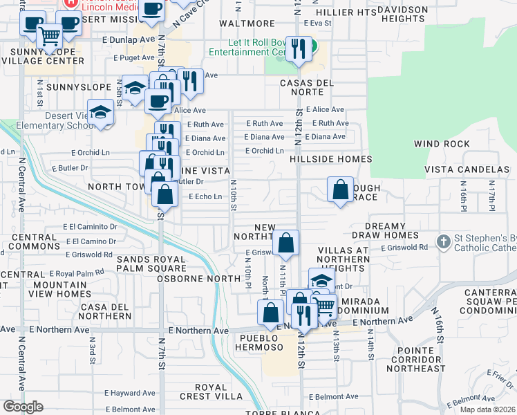 map of restaurants, bars, coffee shops, grocery stores, and more near 1039 East Butler Drive in Phoenix