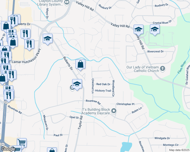 map of restaurants, bars, coffee shops, grocery stores, and more near 262 Elm Forest Way in Riverdale