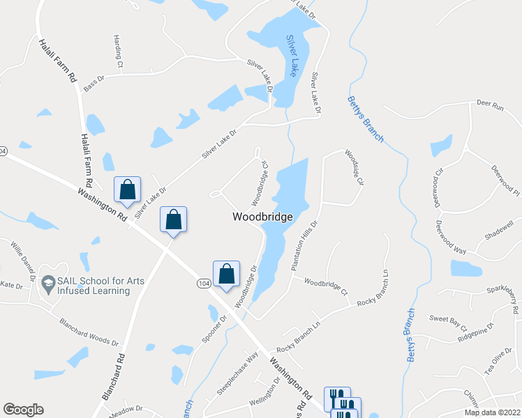 map of restaurants, bars, coffee shops, grocery stores, and more near 5 Woodbridge Circle in Evans