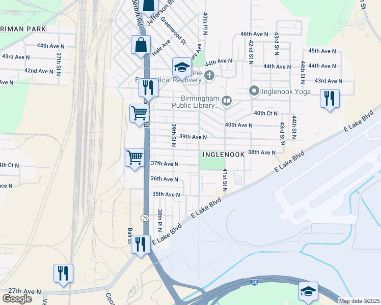 map of restaurants, bars, coffee shops, grocery stores, and more near 3933 38th Avenue North in Birmingham