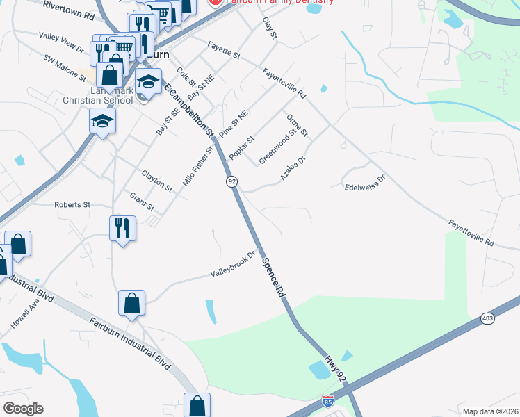 map of restaurants, bars, coffee shops, grocery stores, and more near 15 Azalea Drive in Fairburn