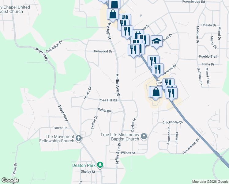 map of restaurants, bars, coffee shops, grocery stores, and more near 1312 Heflin Avenue West in Birmingham