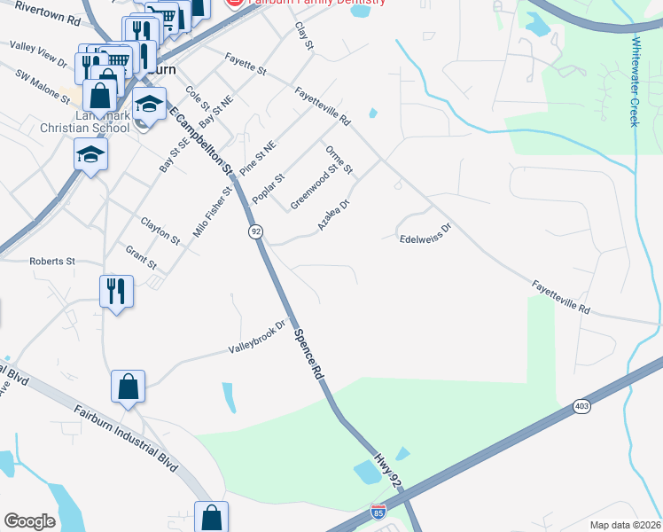 map of restaurants, bars, coffee shops, grocery stores, and more near 474 Willow Creek Road in Fairburn