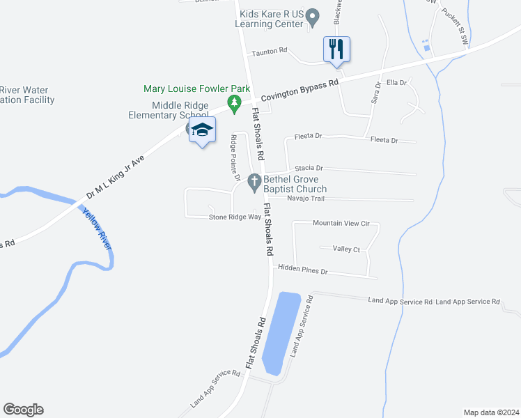 map of restaurants, bars, coffee shops, grocery stores, and more near 20 Ivy Point Court in Covington