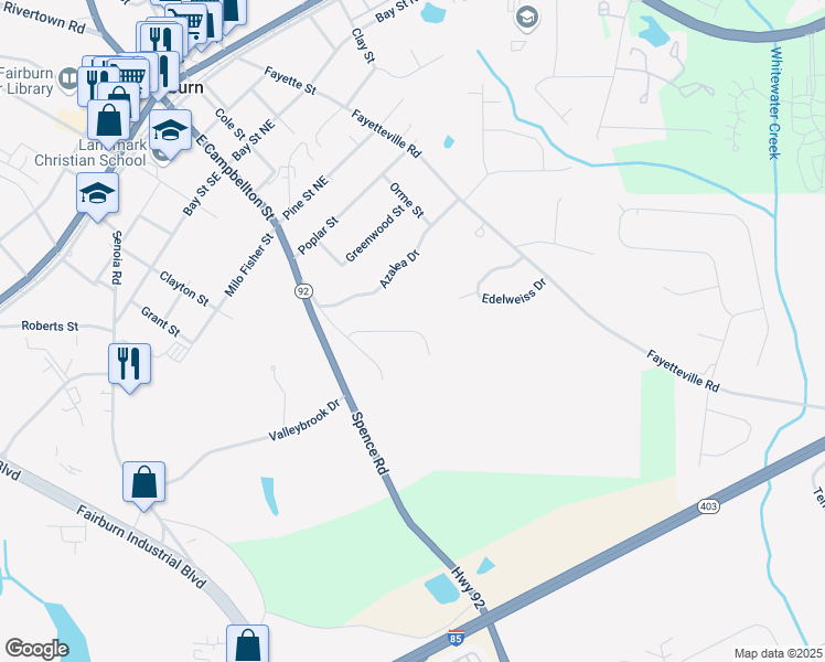 map of restaurants, bars, coffee shops, grocery stores, and more near Willow Creek Road in Fairburn