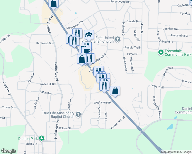 map of restaurants, bars, coffee shops, grocery stores, and more near 1174 Veterans Memorial Drive in Forestdale