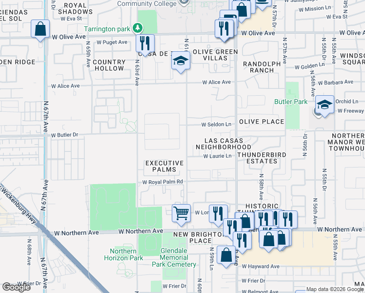 map of restaurants, bars, coffee shops, grocery stores, and more near 8419 North 61st Drive in Glendale