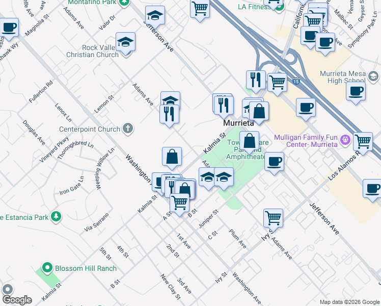 map of restaurants, bars, coffee shops, grocery stores, and more near 24585 Adams Avenue in Murrieta