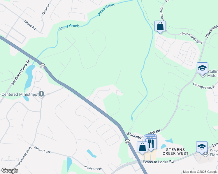 map of restaurants, bars, coffee shops, grocery stores, and more near 2336 Malone Way in Evans
