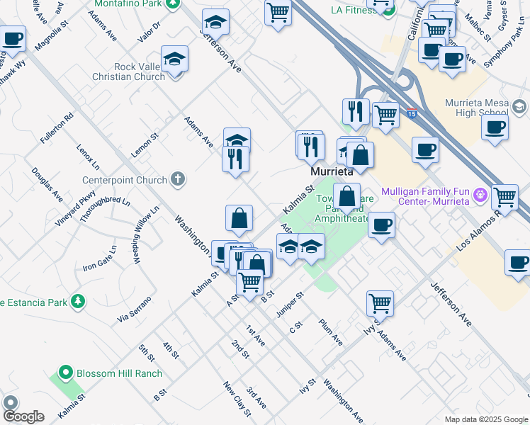 map of restaurants, bars, coffee shops, grocery stores, and more near 24585 Adams Avenue in Murrieta