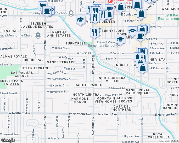 map of restaurants, bars, coffee shops, grocery stores, and more near 8424 North Central Avenue in Phoenix
