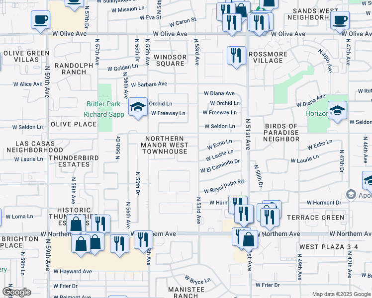 map of restaurants, bars, coffee shops, grocery stores, and more near 5325 West Butler Drive in Glendale